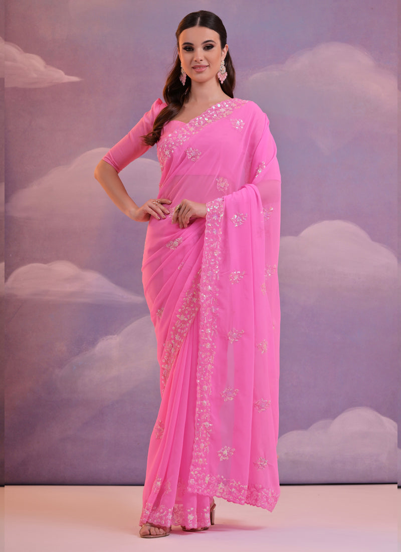 Vegaa Fashion Light Pink Grey Soft Georgette Sequence Work Saree | Grocsy