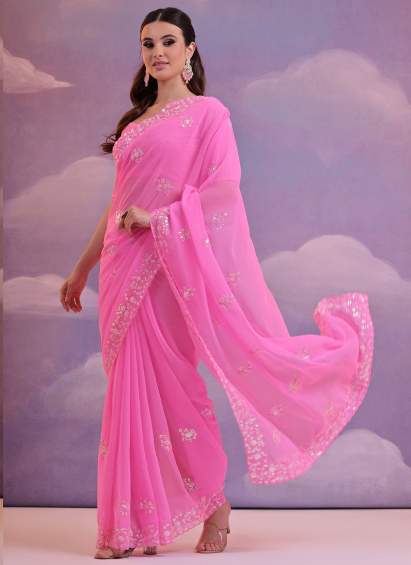 Vegaa Fashion Light Pink Grey Soft Georgette Sequence Work Saree | Grocsy