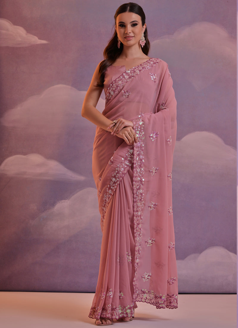 Vegaa Fashion Light Brown Grey Soft Georgette Sequence Work Saree | Grocsy