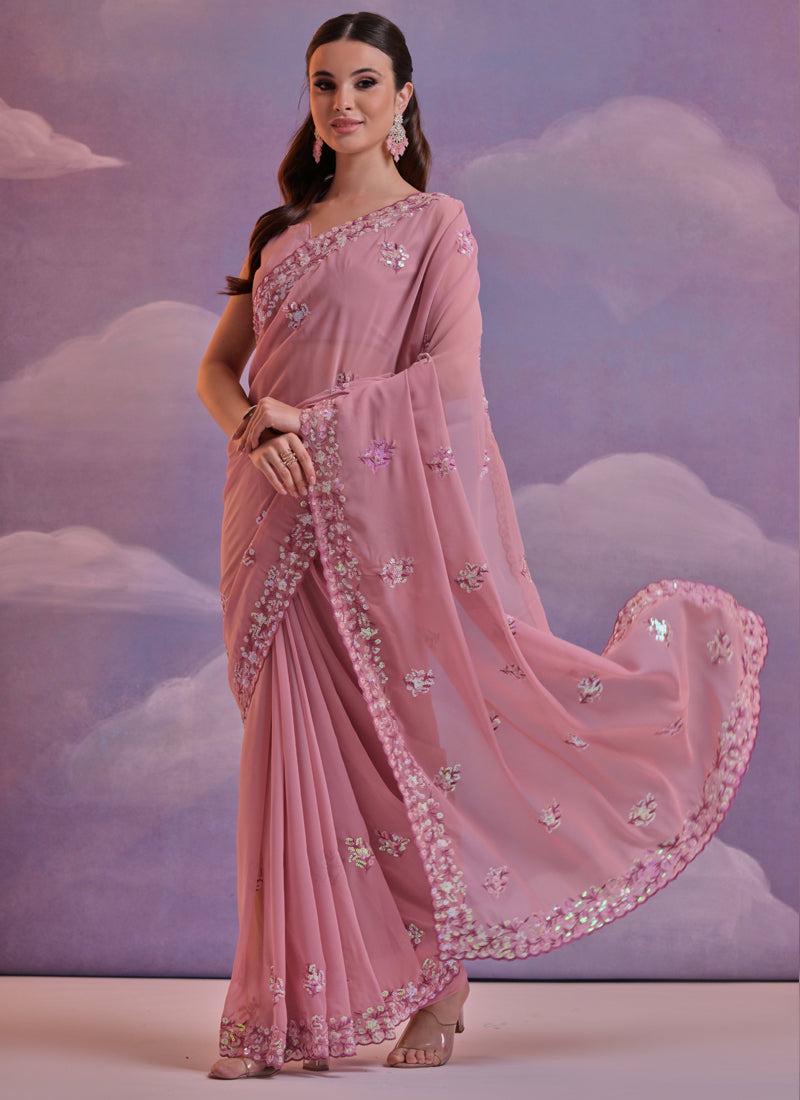 Vegaa Fashion Light Brown Grey Soft Georgette Sequence Work Saree | Grocsy