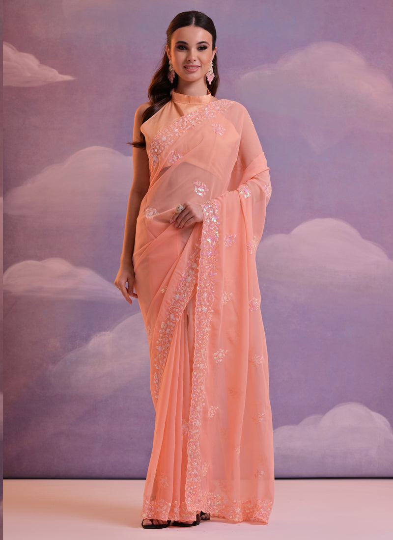 Vegaa Fashion Light Peach Grey Soft Georgette Sequence Work Saree | Grocsy