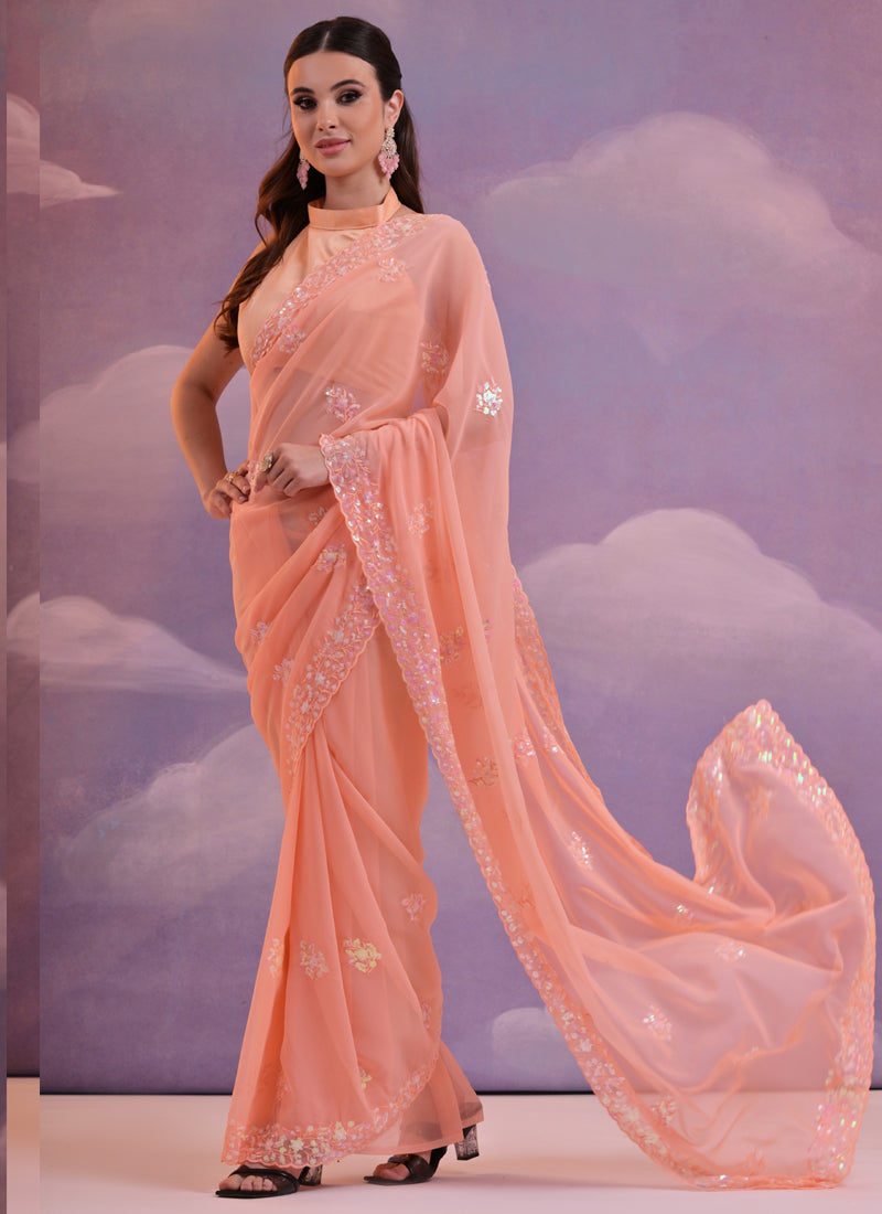 Vegaa Fashion Light Peach Grey Soft Georgette Sequence Work Saree | Grocsy