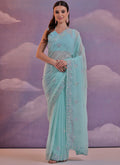 Vegaa Fashion Sky Blue Grey Soft Georgette Sequence Work Saree | Grocsy