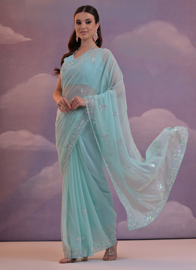 Vegaa Fashion Sky Blue Grey Soft Georgette Sequence Work Saree | Grocsy