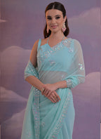 Vegaa Fashion Sky Blue Grey Soft Georgette Sequence Work Saree | Grocsy