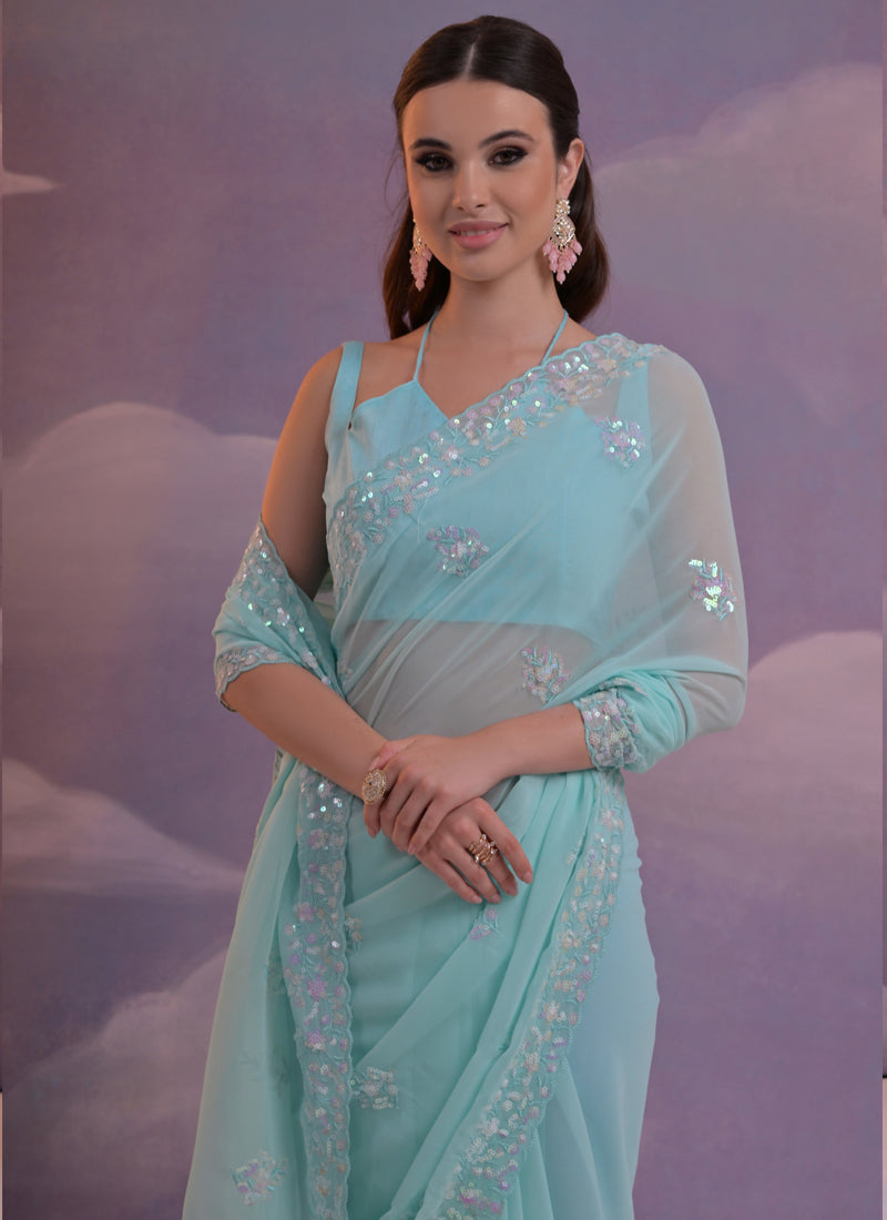Vegaa Fashion Sky Blue Grey Soft Georgette Sequence Work Saree | Grocsy