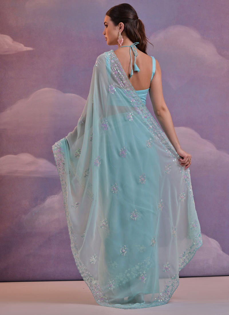 Vegaa Fashion Sky Blue Grey Soft Georgette Sequence Work Saree | Grocsy