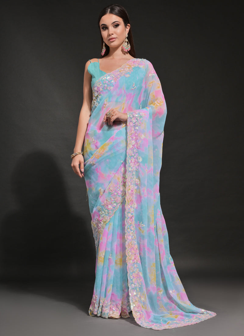 Vegaa Fashion Sky Blue Soft Georgette Sequence Work Saree | Grocsy