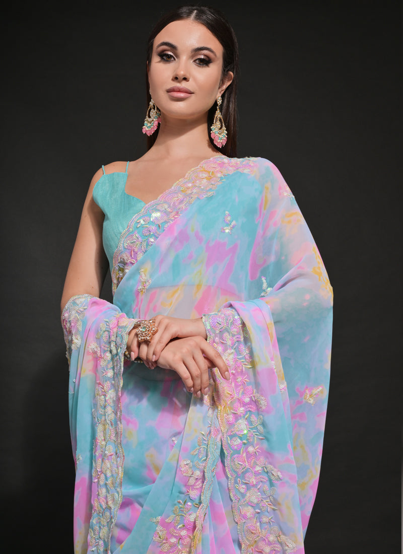 Vegaa Fashion Sky Blue Soft Georgette Sequence Work Saree | Grocsy