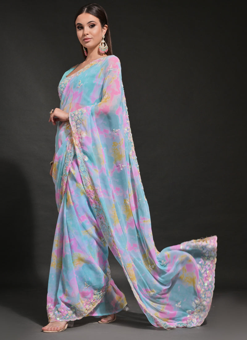 Vegaa Fashion Sky Blue Soft Georgette Sequence Work Saree | Grocsy