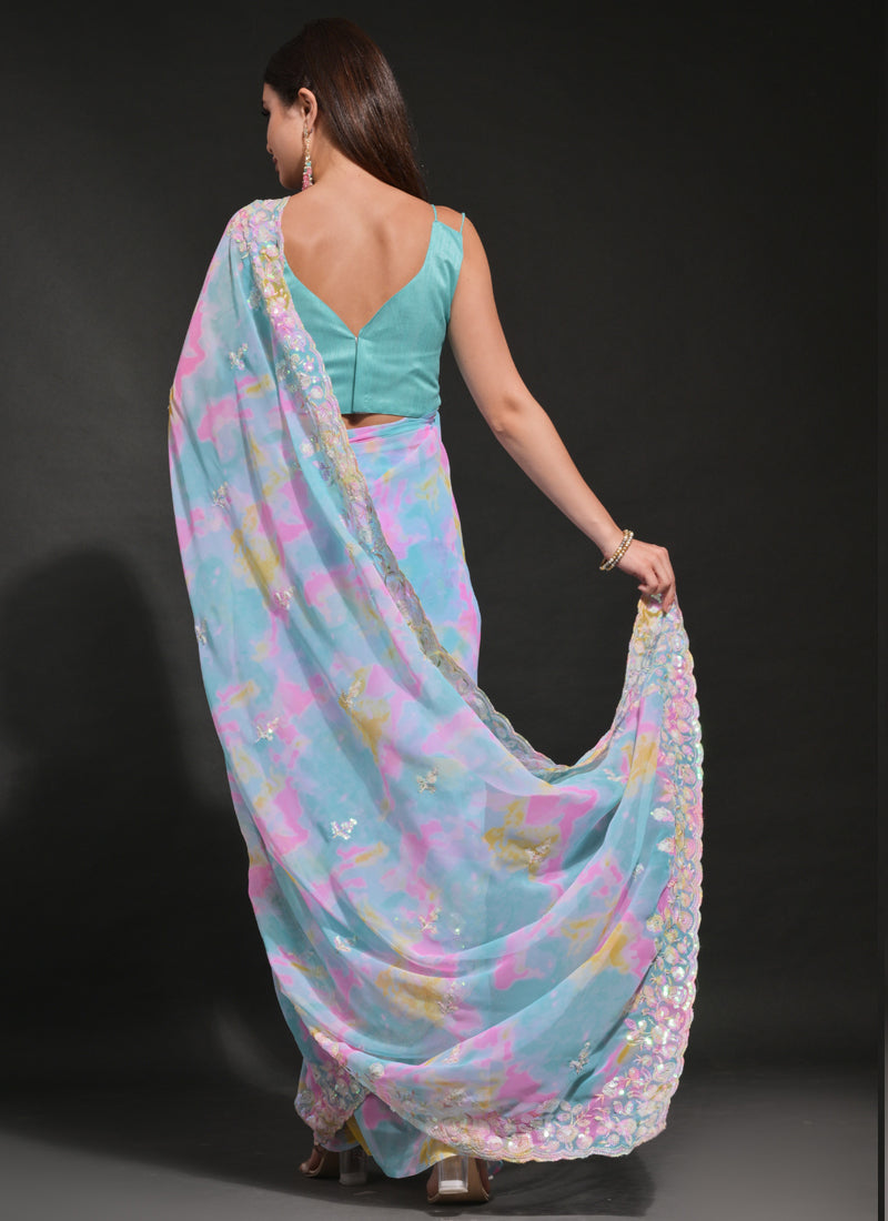 Vegaa Fashion Sky Blue Soft Georgette Sequence Work Saree | Grocsy