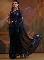 Vegaa Fashion Navy Blue Soft Georgette Sequence Work Saree | Grocsy