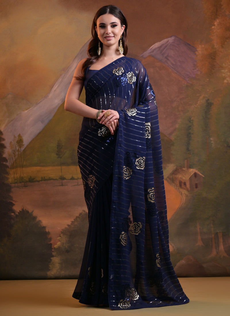 Vegaa Fashion Navy Blue Soft Georgette Sequence Work Saree | Grocsy