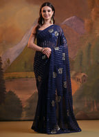 Vegaa Fashion Navy Blue Soft Georgette Sequence Work Saree | Grocsy