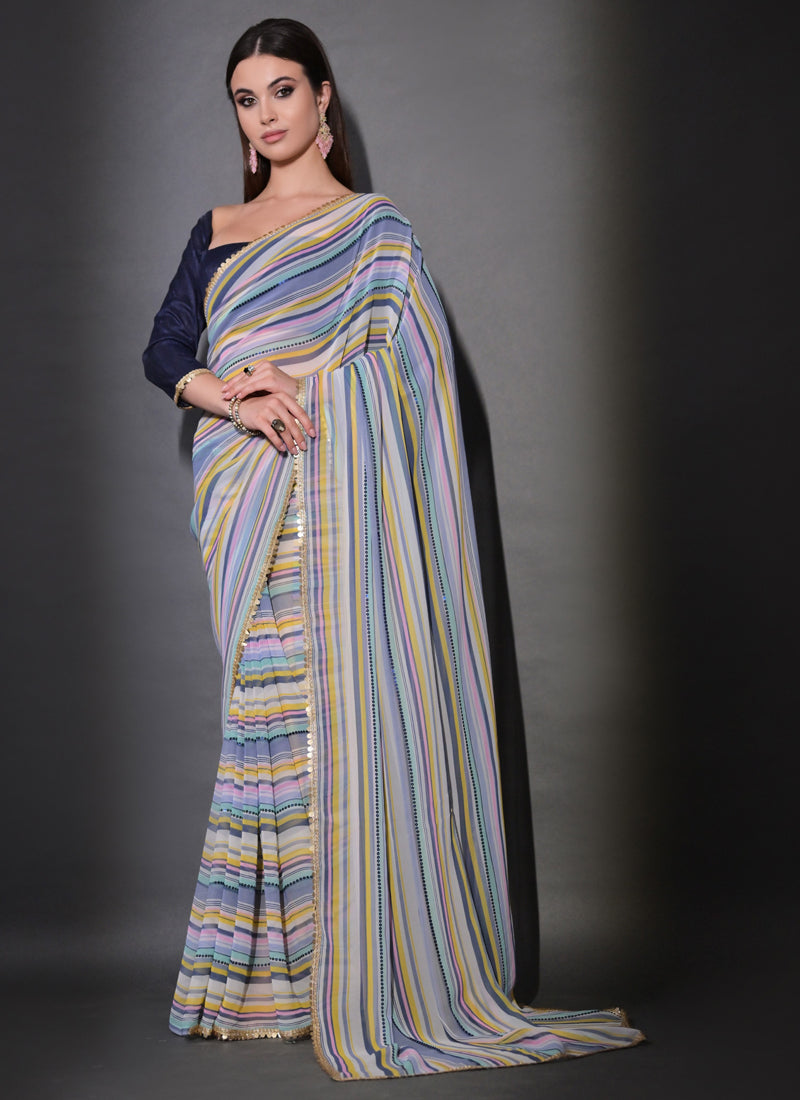 Vegaa Fashion Multicolor Georgette Leriya Print Sequence Saree | Grocsy
