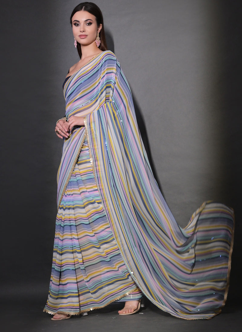 Vegaa Fashion Multicolor Georgette Leriya Print Sequence Saree | Grocsy