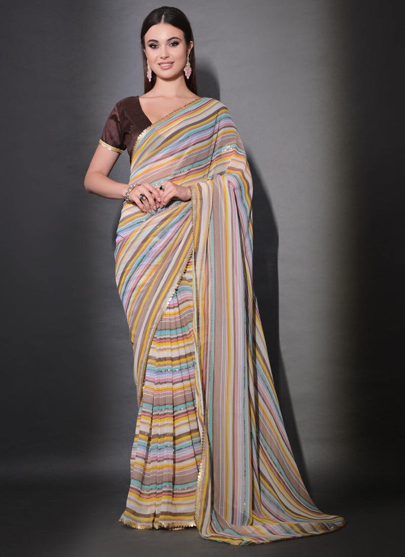 Vegaa Fashion Multicolor Georgette Leriya Print Sequence Saree | Grocsy