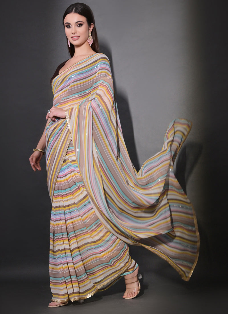 Vegaa Fashion Multicolor Georgette Leriya Print Sequence Saree | Grocsy