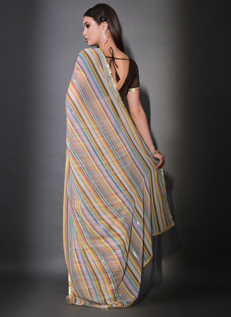 Vegaa Fashion Multicolor Georgette Leriya Print Sequence Saree | Grocsy