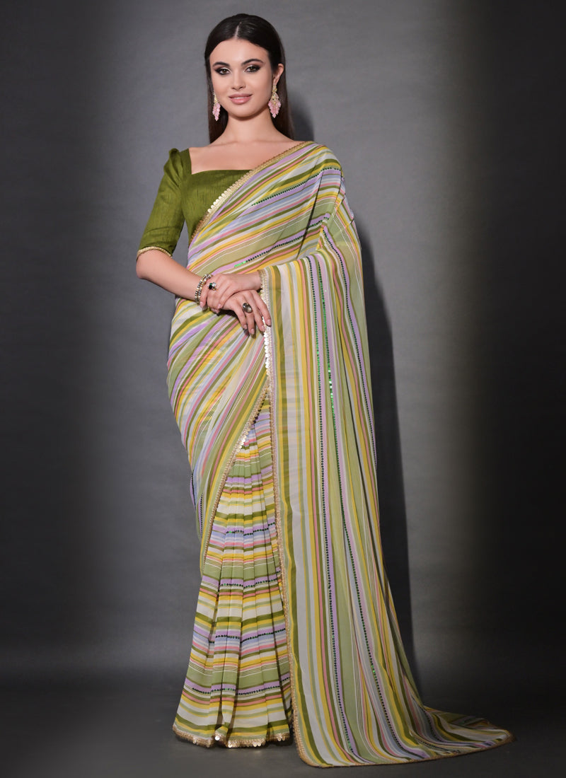 Vegaa Fashion Multicolor Georgette Leriya Print Sequence Saree | Grocsy