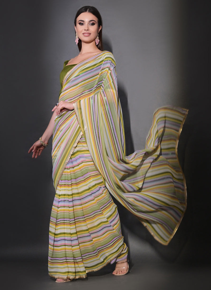 Vegaa Fashion Multicolor Georgette Leriya Print Sequence Saree | Grocsy