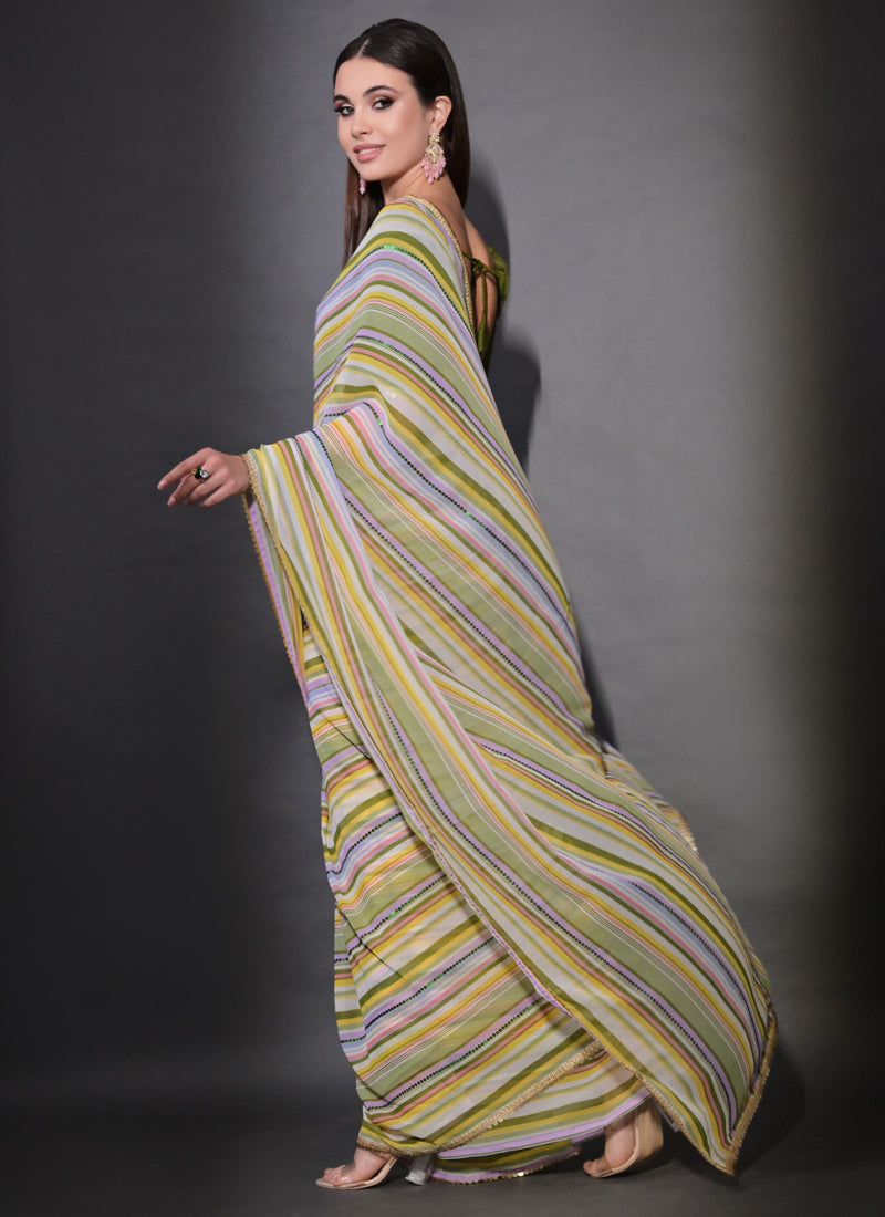 Vegaa Fashion Multicolor Georgette Leriya Print Sequence Saree | Grocsy