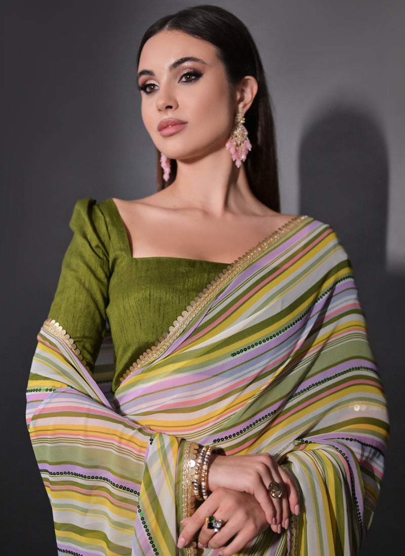 Vegaa Fashion Multicolor Georgette Leriya Print Sequence Saree | Grocsy
