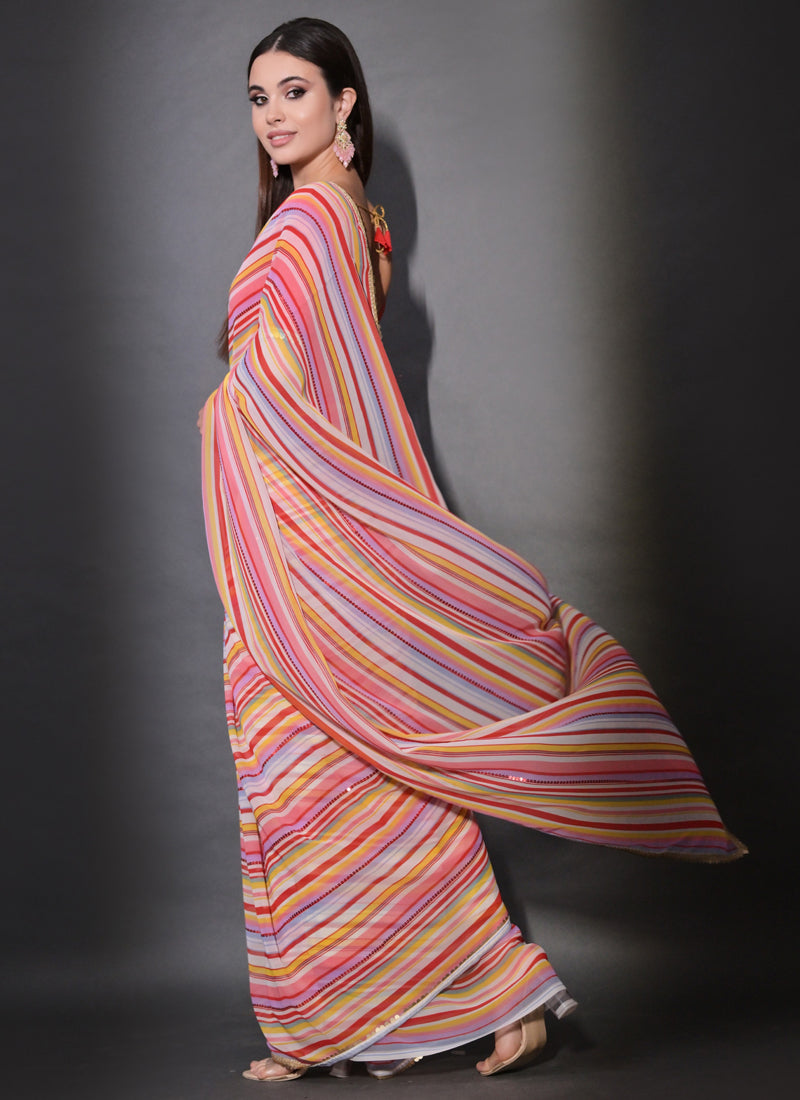 Vegaa Fashion Multicolor Georgette Leriya Print Sequence Saree | Grocsy
