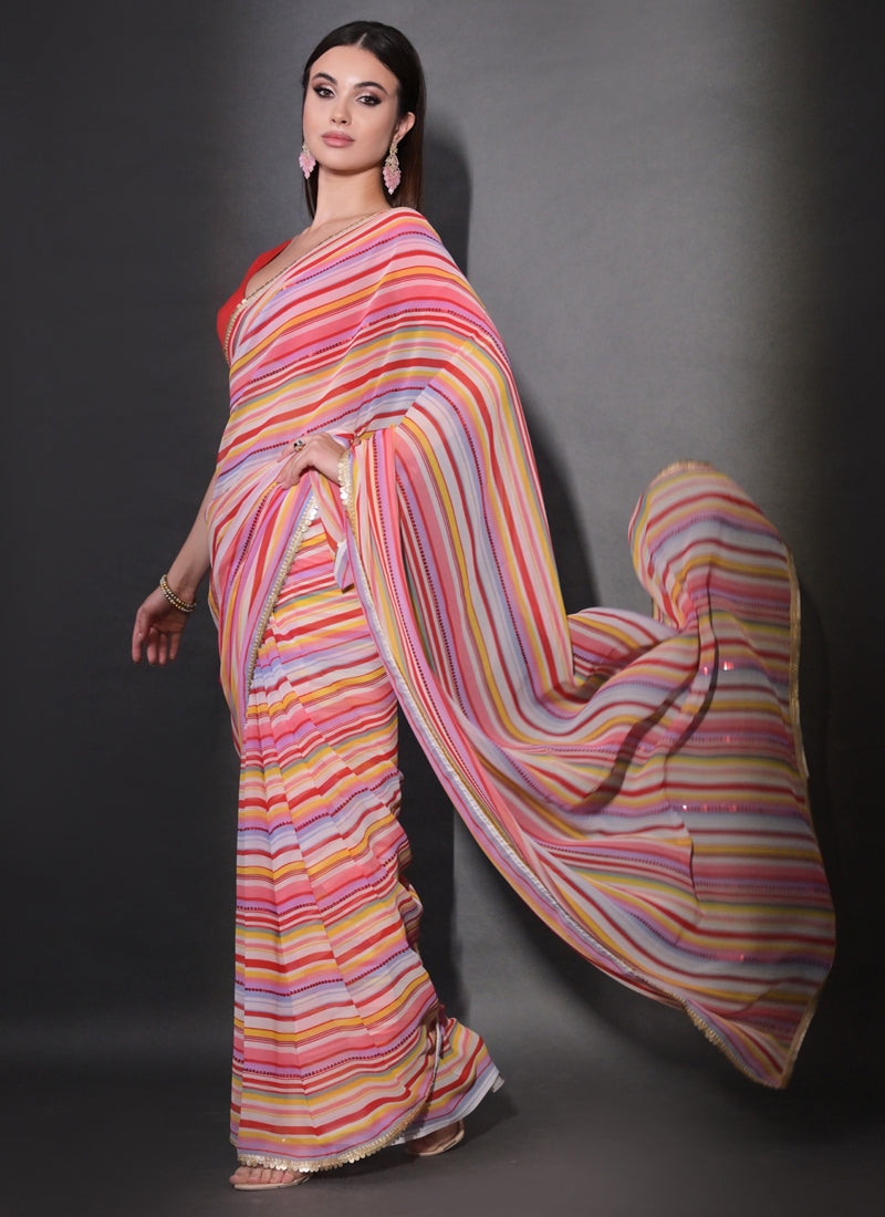 Vegaa Fashion Multicolor Georgette Leriya Print Sequence Saree | Grocsy