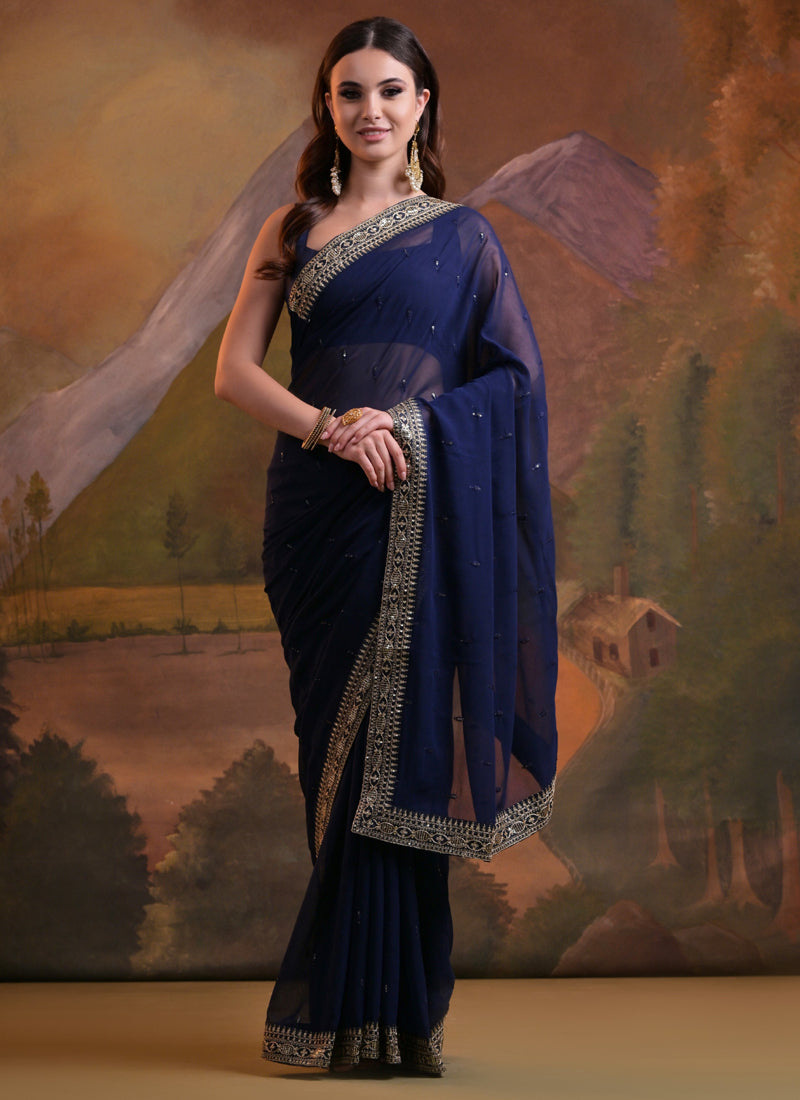 Vegaa Fashion Blue Heavy Georgette Sequence Work Saree | Grocsy