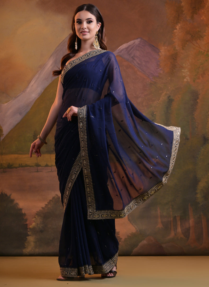 Vegaa Fashion Blue Heavy Georgette Sequence Work Saree | Grocsy
