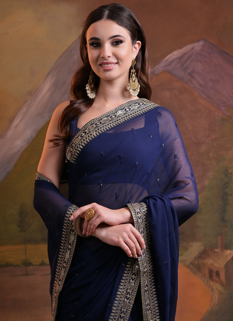 Vegaa Fashion Blue Heavy Georgette Sequence Work Saree | Grocsy
