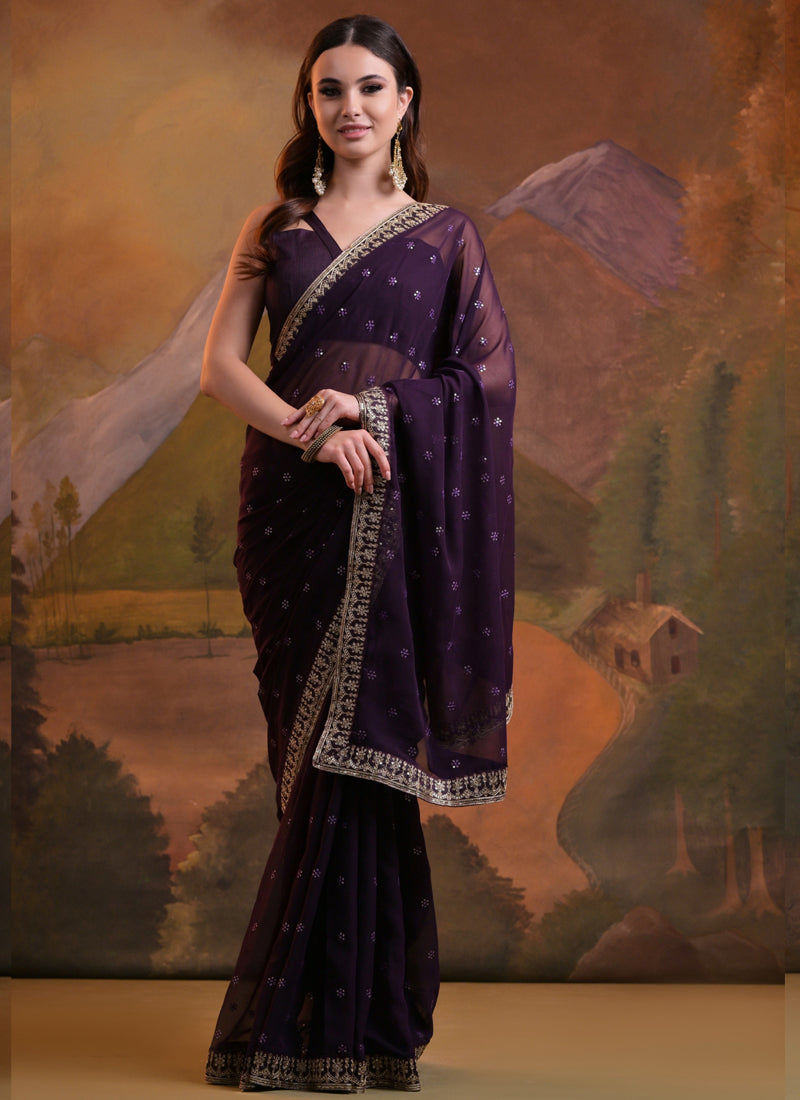 Vegaa Fashion Wine Heavy Georgette Sequence Work Saree | Grocsy