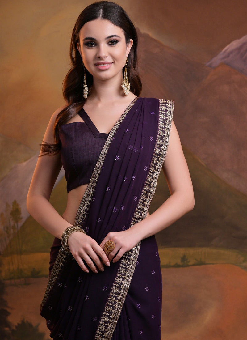 Vegaa Fashion Wine Heavy Georgette Sequence Work Saree | Grocsy