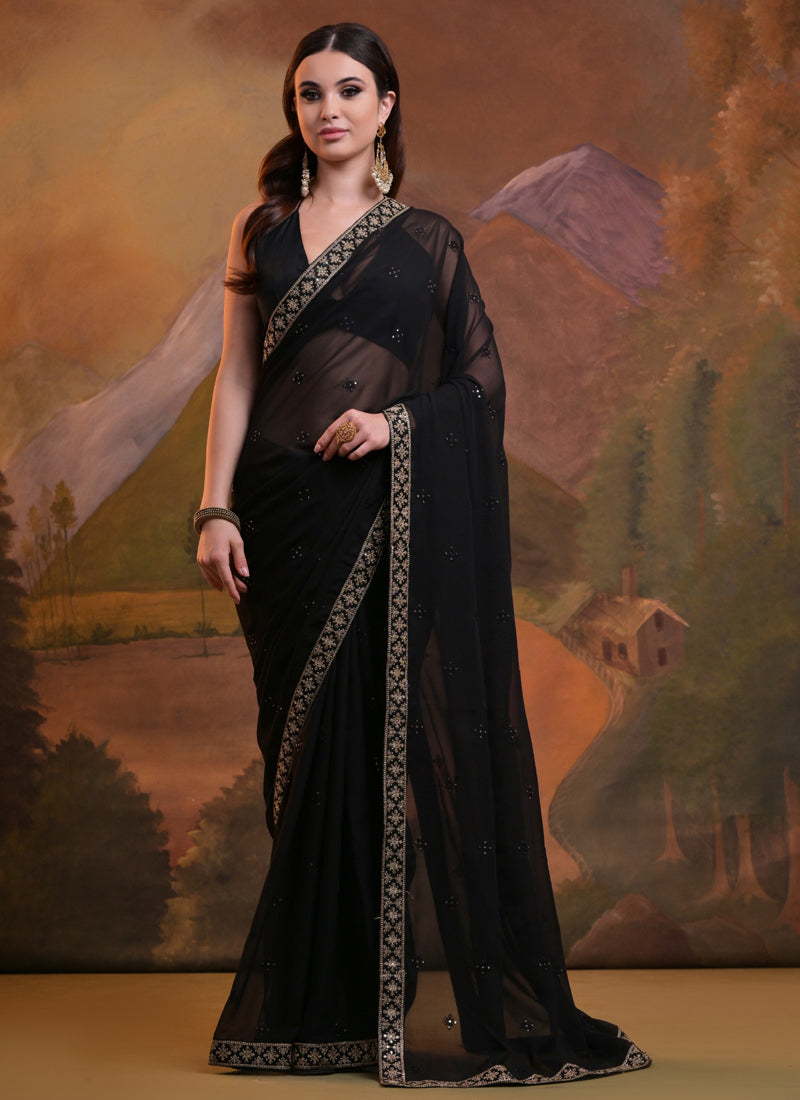 Vegaa Fashion Black Heavy Georgette Sequence Work Saree | Grocsy