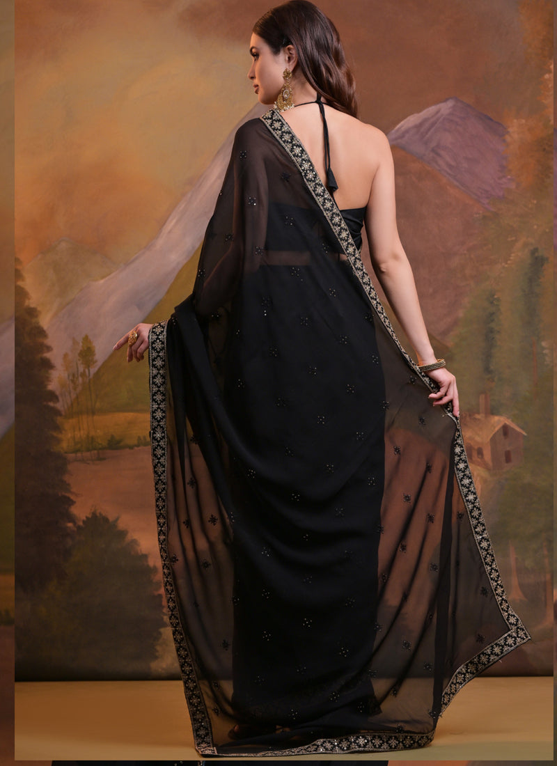 Vegaa Fashion Black Heavy Georgette Sequence Work Saree | Grocsy