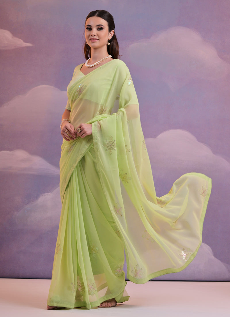 Vegaa Fashion Light Green Georgette Sequence Party Wear Saree | Grocsy