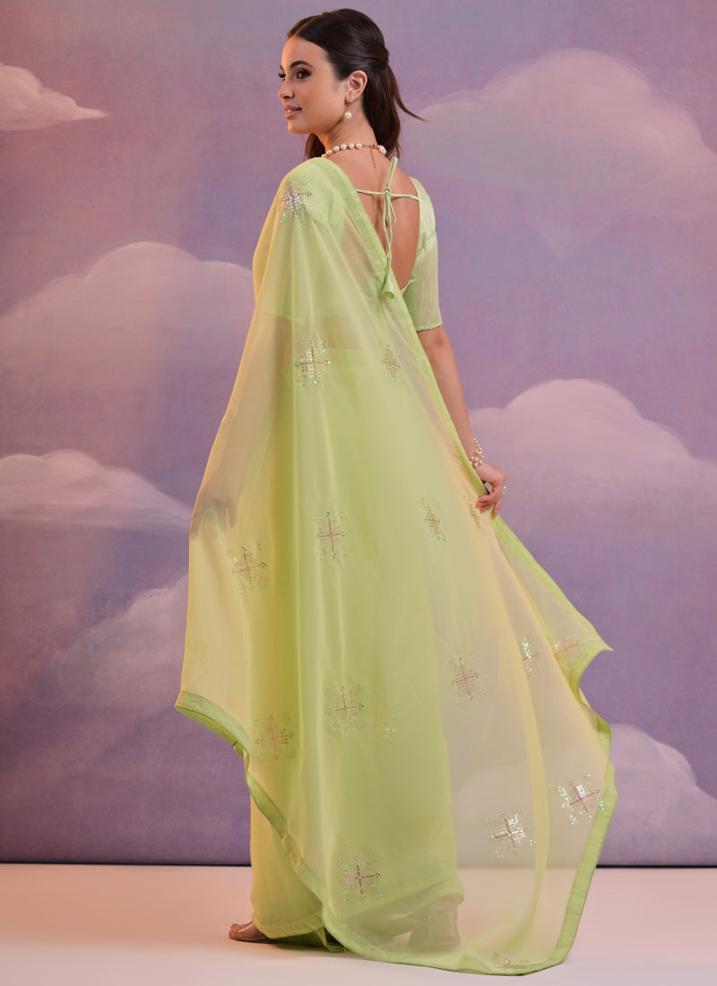 Vegaa Fashion Light Green Georgette Sequence Party Wear Saree | Grocsy