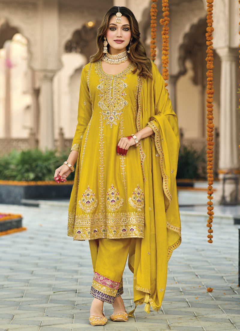 Vegaa Fashion Yellow Chinon Silk Embroidered Designer Palazzo Suit | Grocsy