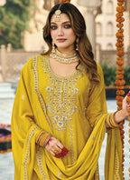 Vegaa Fashion Yellow Chinon Silk Embroidered Designer Palazzo Suit | Grocsy