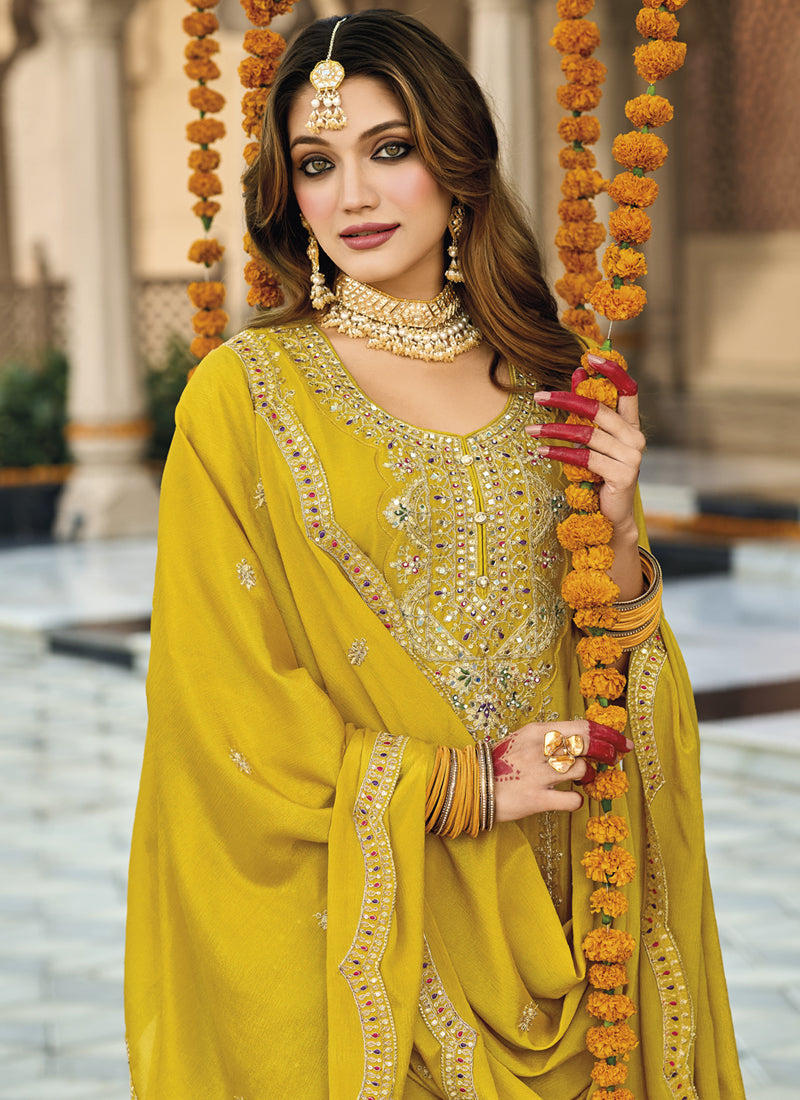 Vegaa Fashion Yellow Chinon Silk Embroidered Designer Palazzo Suit | Grocsy