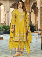 Vegaa Fashion Yellow Chinon Silk Embroidered Designer Palazzo Suit | Grocsy