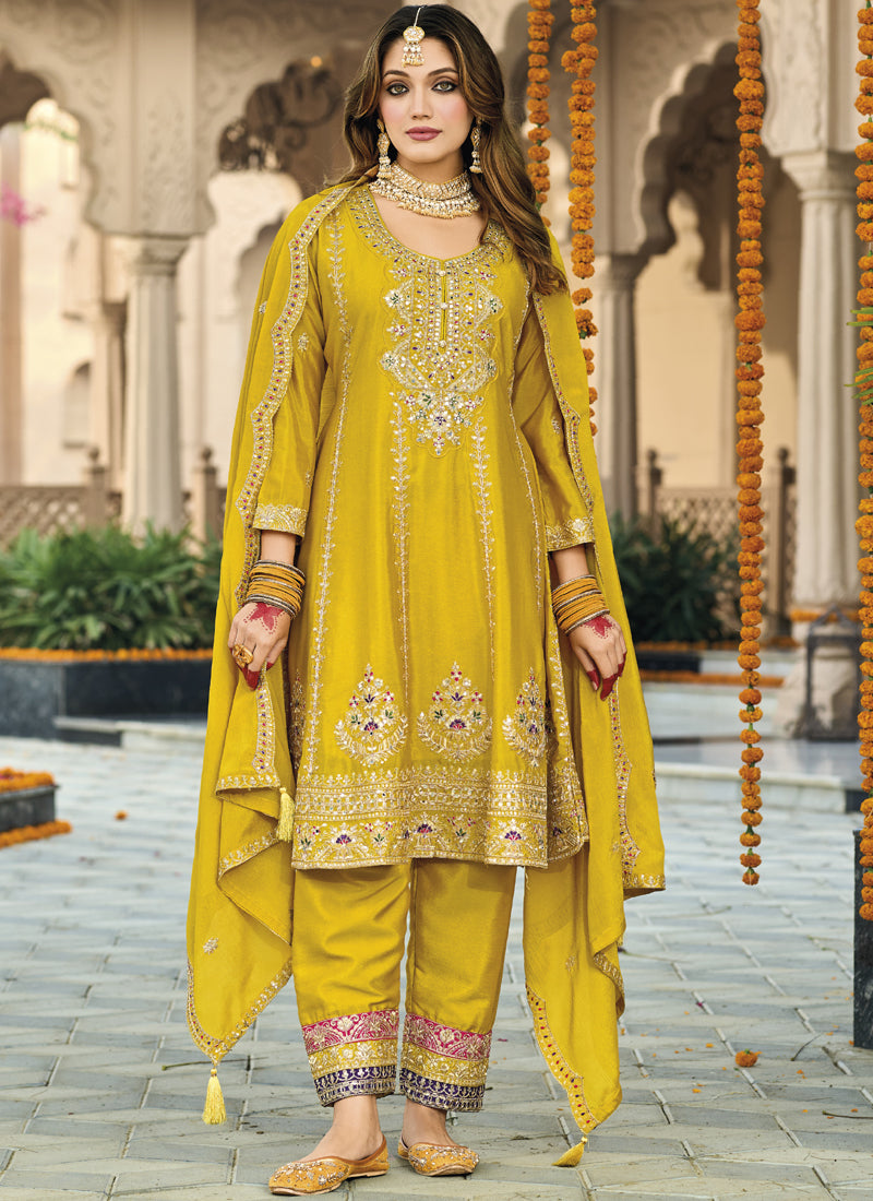 Vegaa Fashion Yellow Chinon Silk Embroidered Designer Palazzo Suit | Grocsy