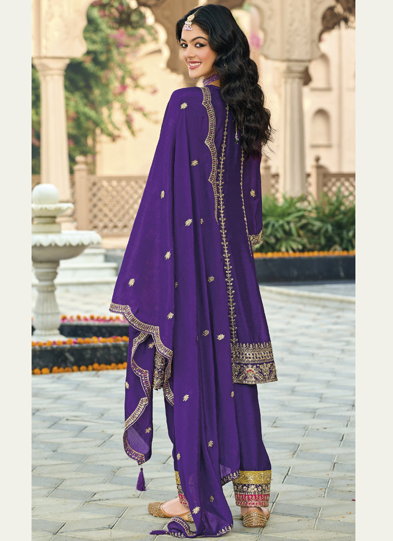 Vegaa Fashion Violet Chinon Silk Embroidered Designer Palazzo Suit | Grocsy