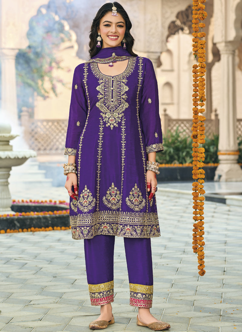 Vegaa Fashion Violet Chinon Silk Embroidered Designer Palazzo Suit | Grocsy