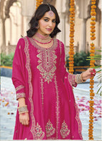 Vegaa Fashion Pink Chinon Silk Embroidered Designer Palazzo Suit | Grocsy