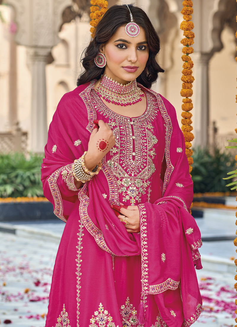 Vegaa Fashion Pink Chinon Silk Embroidered Designer Palazzo Suit | Grocsy