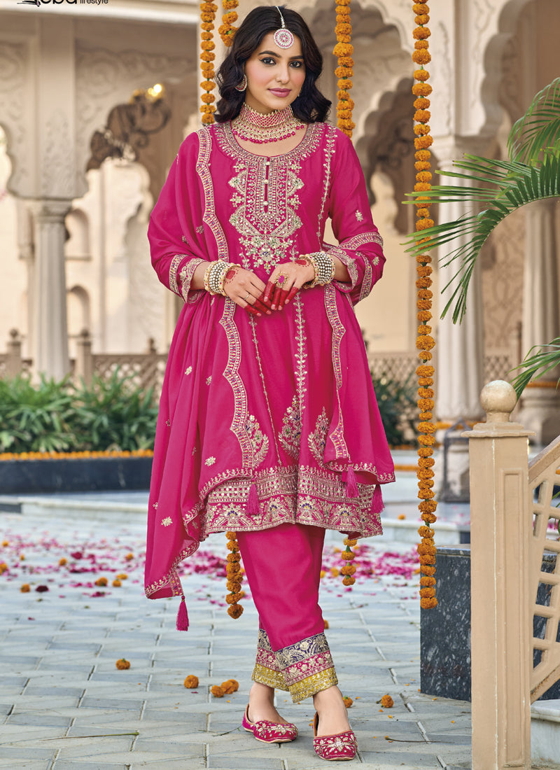 Vegaa Fashion Pink Chinon Silk Embroidered Designer Palazzo Suit | Grocsy