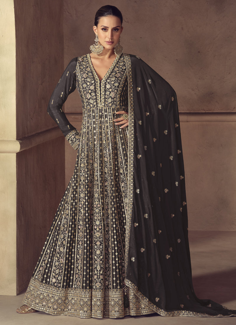 Vegaa Fashion Brown Chinon Silk Embroidered Designer Anarkali Suit | Grocsy