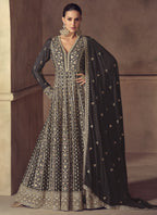 Vegaa Fashion Brown Chinon Silk Embroidered Designer Anarkali Suit | Grocsy